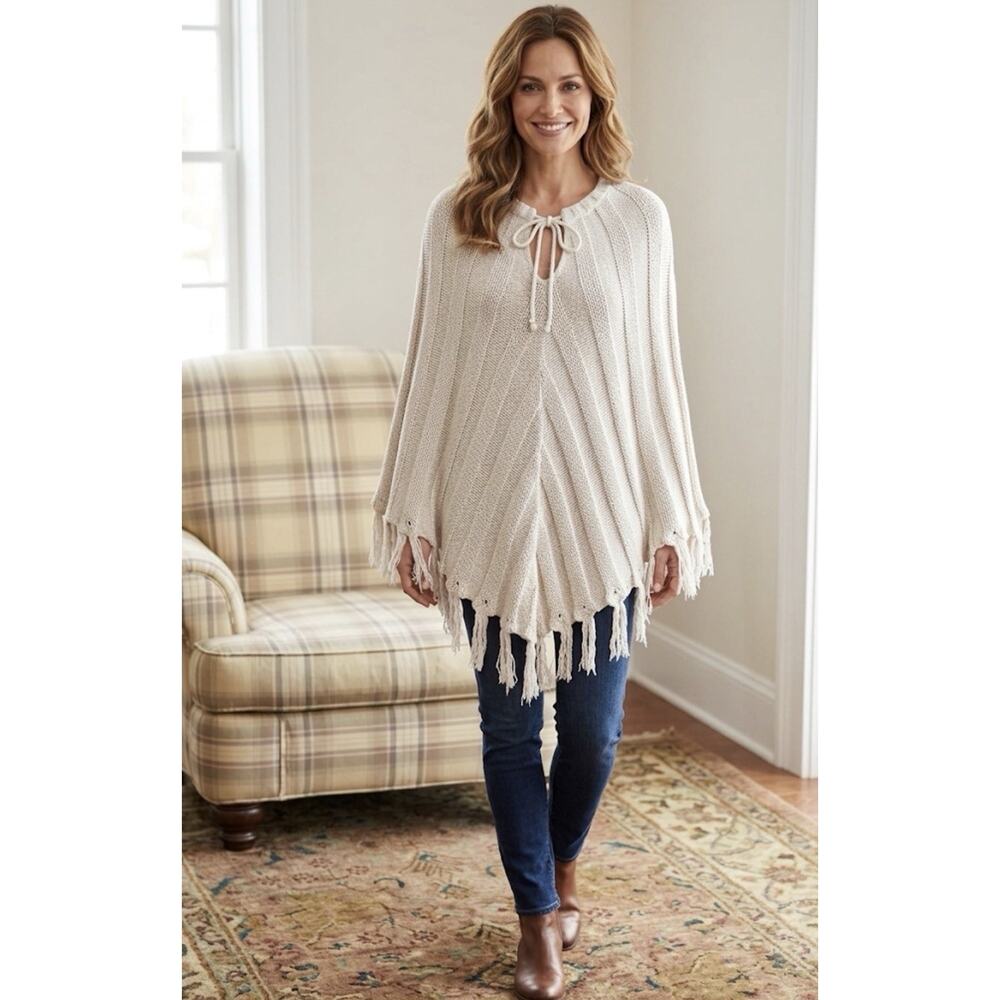 525 America Linen Knit Blend Boho Fringe Poncho Sweater USA OS Tan Festival